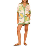Women's New Temperament Casual Printed Shirt Short Sleeves Tight Waist Button Shorts