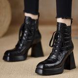 Handmade Women's Shoes 2025 Autumn And Winter New Waterproof Table Head High Heel Short Boots Thick Heel Brown