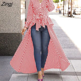 Women Striped Long Sleeve Irregular Deep V-Neck Casaul Blouse With Belt High Low Tunic Spring Autumn