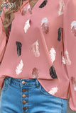 Feather Print Blouse Chiffon Shirts Women Long Sleeve Tops Autumn V-Neck Causal Loose 5XL Clothes Blusa Mujer