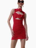 Women's New Sexy Hollow Sleeveless Dress Flower Decoration Folding Ass Dress Dress
