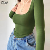 Women's Spring Autumn Skinny Basic Crop Tops Solid Color Long Sleeve Square Collar Slim Fit Pullover
