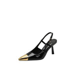 Summer New Metal Letter Iron Head Square Head High Heel Sandals Women Back Empty Fashion Black