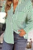 Oversized Basic Cardigan Stripe Shirts Women Blouses Casual Chic Top Spring 2023 Loose Pocket Green Shirts For