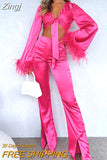 Women Fashion 2 Pcs Outfts Feather Trim Tie Knot Long Sleeved Outfits+High Waist Split Long Pants Suits