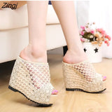 Net yarn High heels Women Wedges Sandals tongs slippers Platform Female Lace Increase mujer Shoes feminina