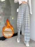 Fashion Warm Plush Pants Thick Plaid Women Casual Loose Wide Leg Trousers Korean Streetwear Straight Student Pants New