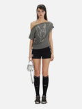 New Slanted Shoulder Pure Hottie Gray T-Shirt Girl Loose Heavy Metal Decorative
