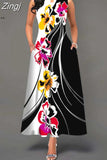 Boho Long Dresses Women Elegant Sleeveless Casual Floral Print Beach Party Maxi