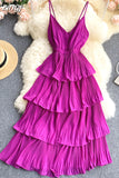 Women Draped Ruffle Spaghetti Strap Dress Sexy Vacation Beach Vestidos Female Elegant High Waist Slim Midi Robe 2023
