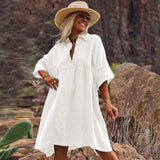 Women's Loose Solid Color Polo Collar Holiday Leisure Buttons Literary Style Fashion Dress