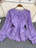 Red Hollow Out Blouse Women Vintage Elegant Round Neck Lantern Long Sleeve Single Breasted Shirt New