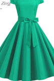 Women Vintage Dress 50S 60S Short Sleeve Casual Elegant Retro Office Party Midi Dress Robe Femme Solid