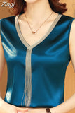 Crop Top Women V-neck Tassel Women's T-shirt Solid Vest Ladies Tops Summer Tank Top Chiffon Blouse White Woman