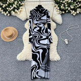 Zingj Women's Dress 2024 New Slim Slim Fashion Print High Neck Slit Long Knit