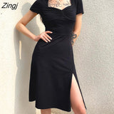 Sleeve Dress Women Summer Knee-lengh Square Collar Solid Black Simple Retro Trendy Sexy Elegant Slim Breathable