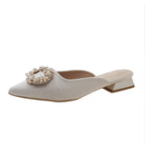 Spring And Summer New 4241 Large-Size Bag Head Half Slippers Women Wear Pointed Thick Heel Round Buckle Low Heel Women's Shoes Sand