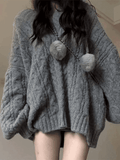 Oversize V Neck Gray Cable Knit Sweater-Outfit