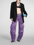 Design Sense Multi-Pocket High Waist Velvet Autumn 2025 New Solid Color Model Loose Wide-Leg Pants
