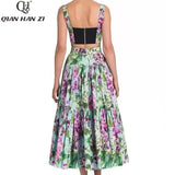 Han Zi Designer Fashion for women Sexy Summer 2 Piece Set Spaghetti Strap short Top and retro printed long skirt suit