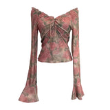 Print V-Neck Horn Sleeve Top Wooden Ear Lace With Short-Sleeved Long-Sleeved T-Shirt
