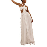 Women's New Hanging Neck Open Shoulder Lotus Leaves Side Solid Color