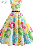 Floral Dresses for Women Bandage Party Vintage Retro Robe Femme Sleeveless Swing Pin Up