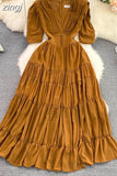 Women Pleated Long Dress Vintage V-Neck Short Sleeve High Waist A-Line Green/Blue/Brown Big Swing Maxi Vestidos