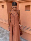 Women Elegant Button Decor Ruffle Adjustable Strap Dress Sexy Deep V Neck Backless Long Dreses 2024 Summer Lady Chic Party
