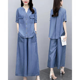 Cowboy Broad Leg Pants Set Summer Large Size Cover Thin Mother Casual Loose Ocean To Lose Age Thin