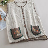 Vests Women Loose Knitting Cute Floral Pockets Students Vintage Peter Pan Collar Autumn New Arrivals Chic Ins