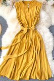 Solid Green/Blue/Yellow Casual Dress Elegant Sleeveless Round Neck Sashes Dresses Vintage 2023 New Fashion Vestido