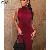 Sexy Sleeveless Maxi Dress Women Blue Turtleneck Slim Evening Dress Female Bodycon Elegant Party Clubwear Vestidos