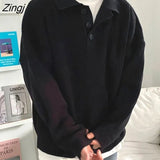 Solid Knit Pullovers Women Loose BF Simple Unisex Turn-down Collar Streetwear All-match Vintage Leisure Sweaters Chic