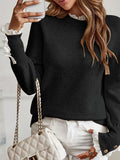 And Winter Women's Sweater Splicing Lace Round Collar Long Sleeve Buckle Knitted Shirt