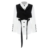 Spring Lattice Black And White Half Lantern Sleeve Shirt + Tice Vest Fashion Two-Piece Set