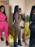 Fashion Hollow Tracksuit Two Piece Set Women Long Sleeve O-Neck Elastic Tops+Leggings Female Sporty Matching