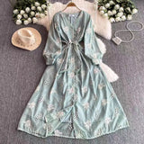French Wind And Breeze Floral Dress Women's Autumn Mesh Embroidered Lantern Cuff Strap Design Chic Super Fairy