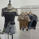 Shooting Of The Edge Of The Denim Splicing Tie Dye Mesh Repair Irregular Two Short-Sleeved Top T-Shirt