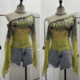 Hottie Sexy Leopard Print Mesh Fake Two Strap Long-Sleeved Top Short Slanted Shoulder T-Shirt