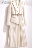 Women's Dress Notched Chiffon Elegant Dresses for Women 2023 Spring Pleated White Dress Belt Knee-Length Solid OL Woman