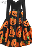 Women Christmas Dress Winter Long Sleeve V Neck Pumpkin Print Halloween Costume Party Dresses Casual Vintage S~3XL