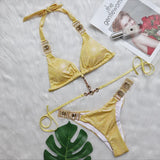 Zingj New Strap Neck Bikini Sexy Shiny Gold Crystal Diamond Swimsuit