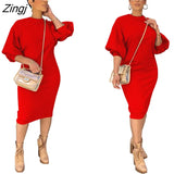 Bohemian O Neck Puff Sleeve Pleated Sundress Women Sexy Casual Solid Dress Party Fashion Vintage