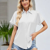Office Lady Tops Satin Shirt Casual Fashion Women Short Sleeve Loose Blouse Turn Down Collar Button Clothes Elegant