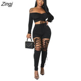 Women Set Off Shoulder Long Sleeve Slash Neck Crop Tops Skinny Pants Two 2 Piece Sets Fashion Sexy Outfits Summer