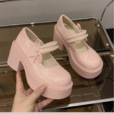 Pearl Bow Waterproof Table Coarse Heel Shoes Wear 2025 New Early Autumn Shoes Head