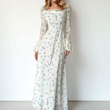 Summer Women's Temperament Elegant Broken Flower Fold Fairy Waist Horn Sleeves Floating