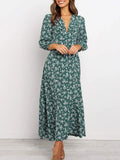 Women Summer Elegant Floral Print Maxi Dress 2023 Boho Three Quarter Sleeve V Neck Casual Office Long Dress Beach Robe