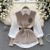 Style High-Level Light Luxury Lady Suit Women Autumn And Winter Solid Color Loose Long-Sleeved Shirt + Sleeveless Knitting